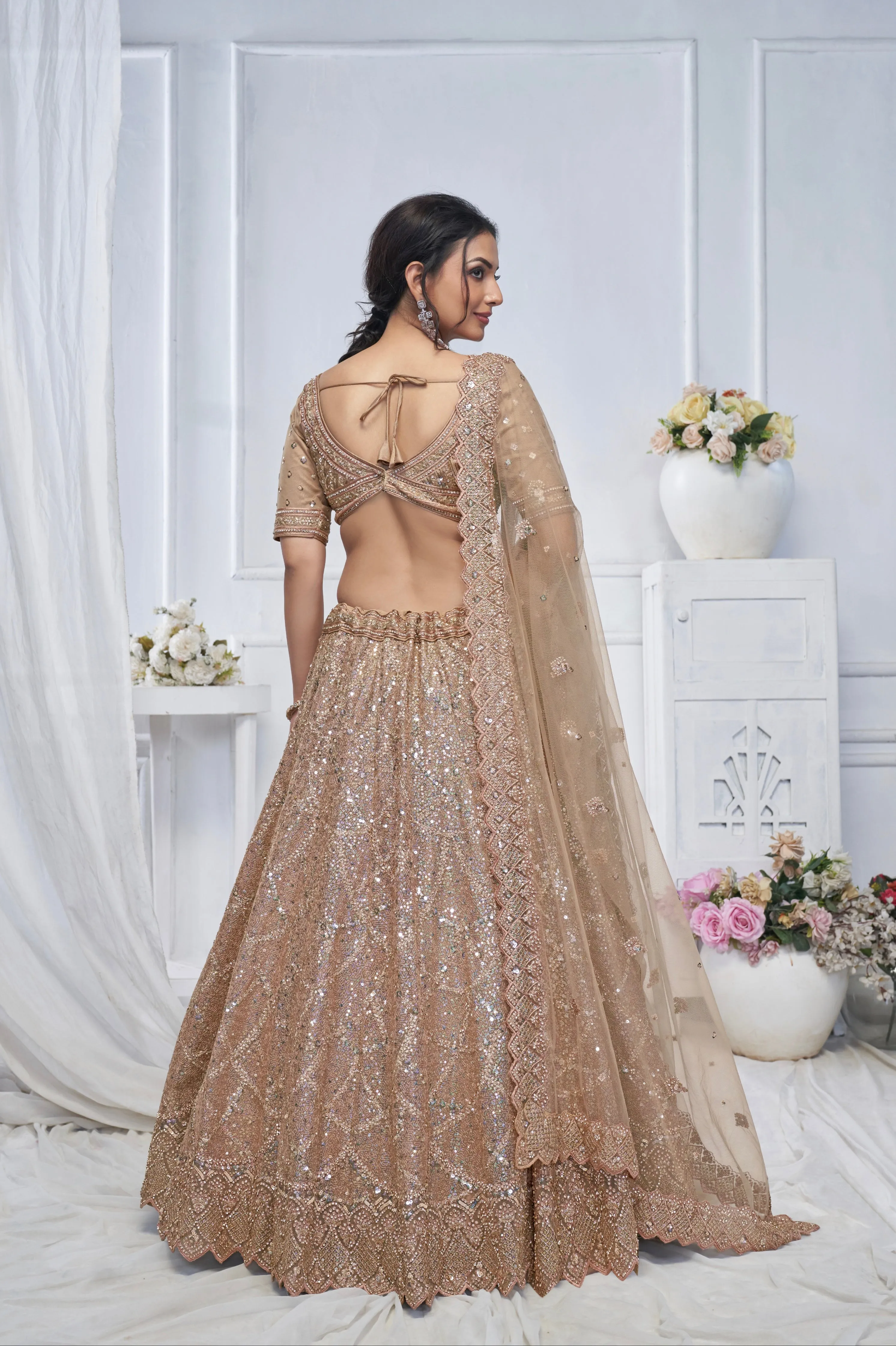 Brown Net Lehenga with Golden Sequins