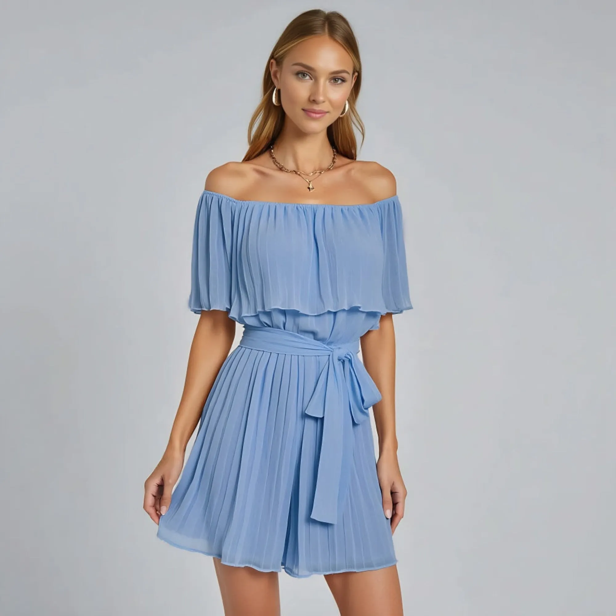 Off Shoulder Pleated Chiffon Romper with Flowy Ruffle Overlay and Waist Tie Belt
