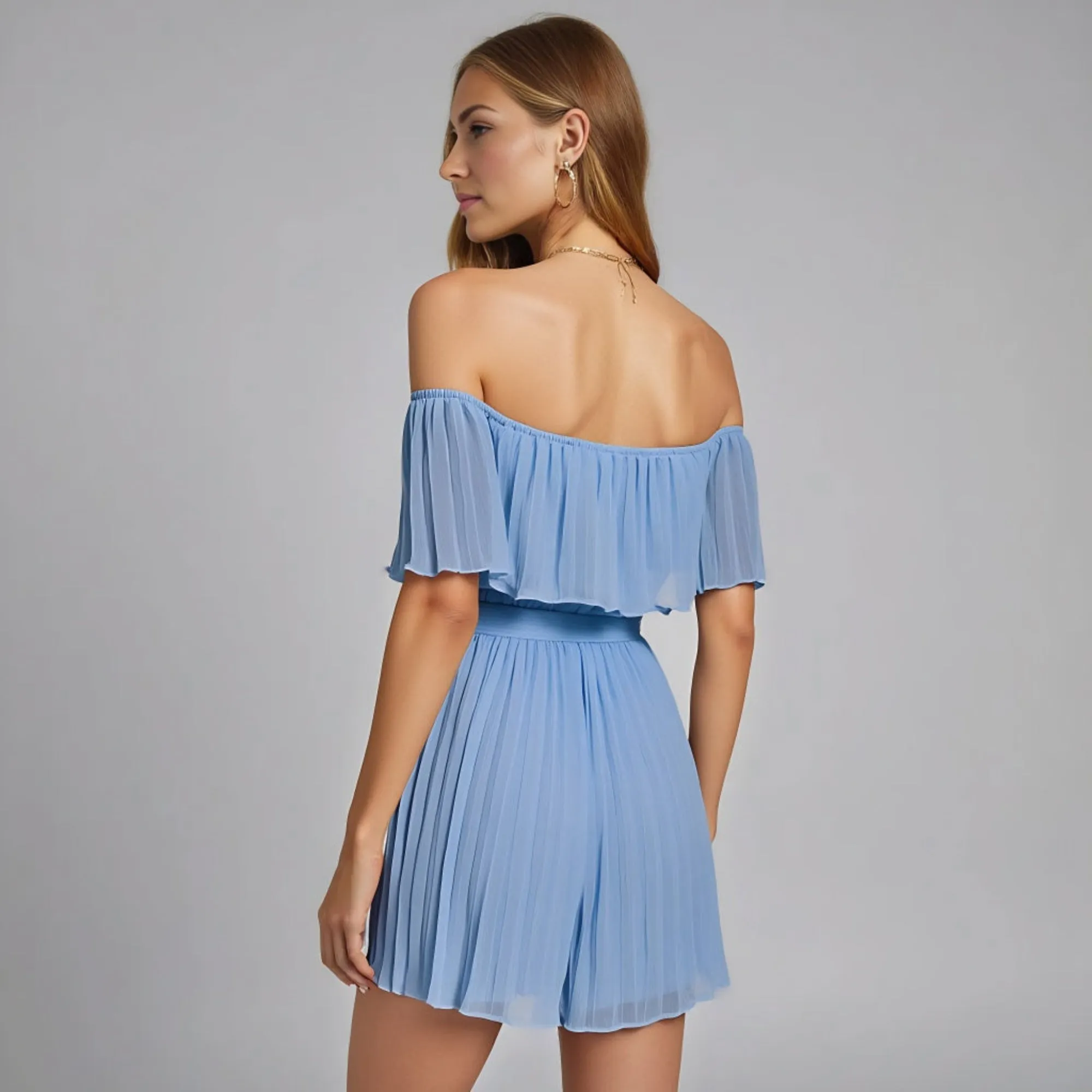 Off Shoulder Pleated Chiffon Romper with Flowy Ruffle Overlay and Waist Tie Belt
