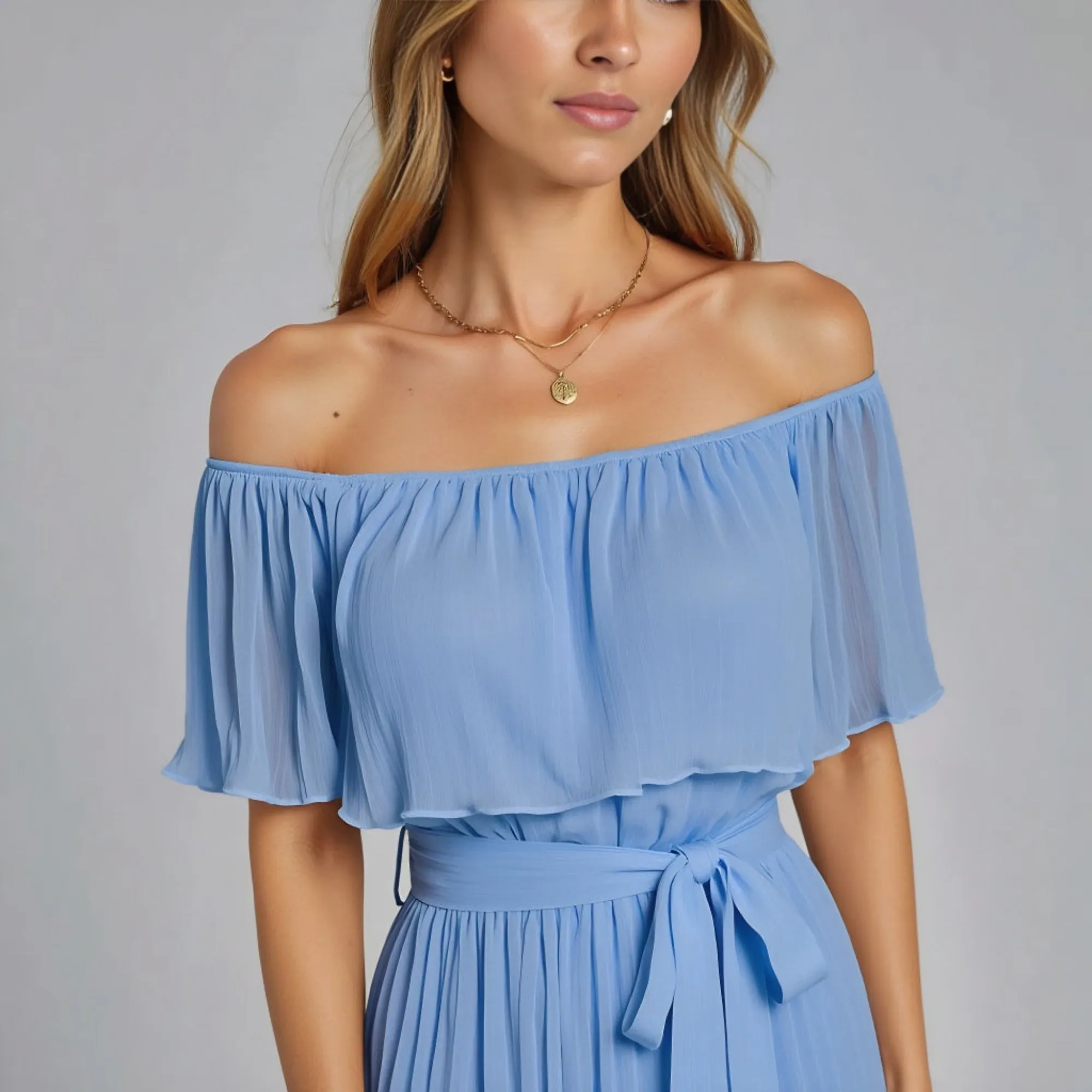 Off Shoulder Pleated Chiffon Romper with Flowy Ruffle Overlay and Waist Tie Belt
